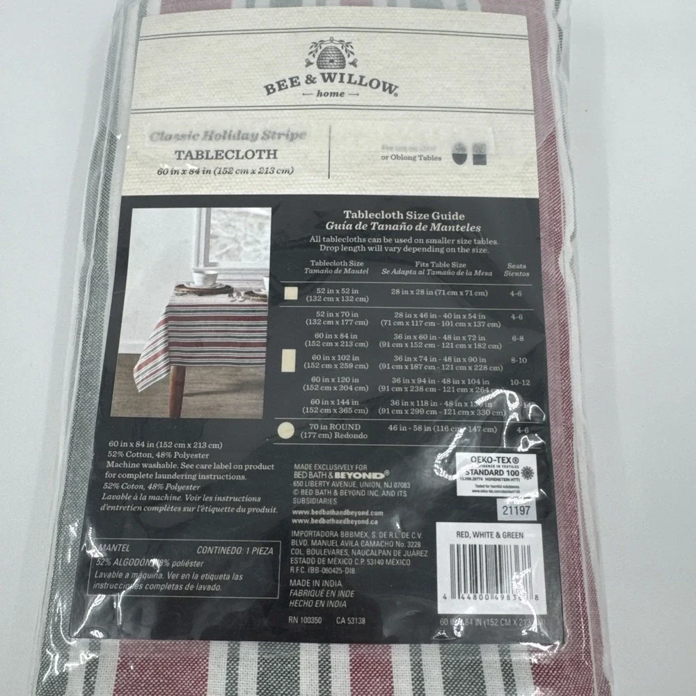 Bee & Willow Red & Green Christmas Stripe Cotton Rich Tablecloth‎ 60x84 Oblong
